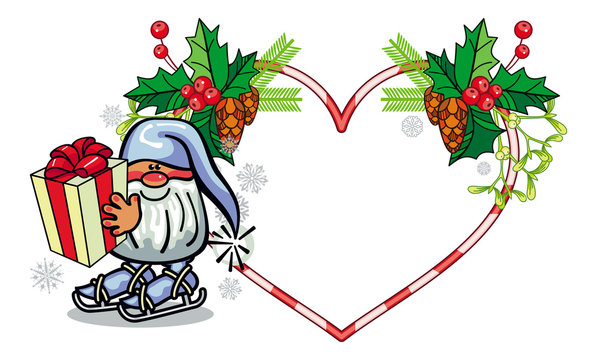 Holiday heart-shaped frame with decorations and funny gnome. 