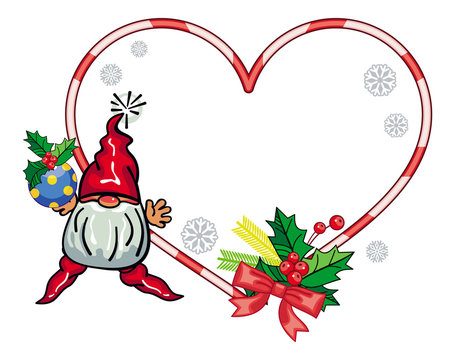 Holiday heart-shaped frame with decorations and funny gnome.