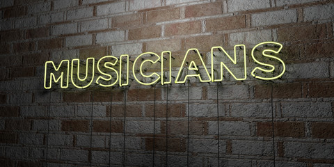 MUSICIANS - Glowing Neon Sign on stonework wall - 3D rendered royalty free stock illustration.  Can be used for online banner ads and direct mailers..