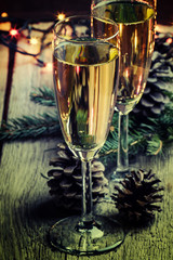 Champagne in glasses, Christmas or New Year's composition with f