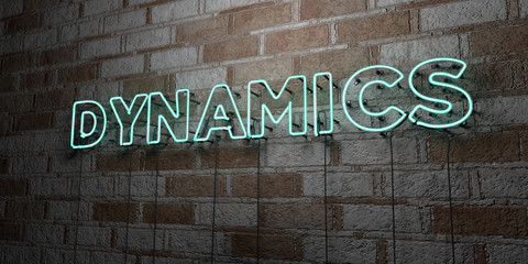 DYNAMICS - Glowing Neon Sign on stonework wall - 3D rendered royalty free stock illustration.  Can be used for online banner ads and direct mailers..