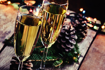 Champagne in glasses, Christmas or New Year's composition with f