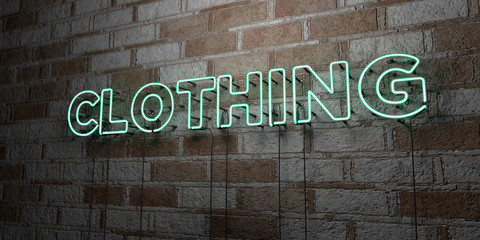 CLOTHING - Glowing Neon Sign on stonework wall - 3D rendered royalty free stock illustration.  Can be used for online banner ads and direct mailers..