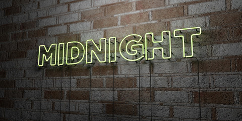 MIDNIGHT - Glowing Neon Sign on stonework wall - 3D rendered royalty free stock illustration.  Can be used for online banner ads and direct mailers..