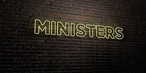 MINISTERS -Realistic Neon Sign on Brick Wall background - 3D rendered royalty free stock image. Can be used for online banner ads and direct mailers..