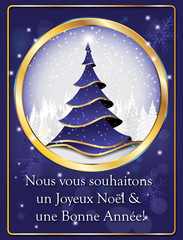 Nous vous souhaitons un Joyeux Noel et une Bonne Annee! - French greeting card. Text translation: We wish you Merry Christmas and Happy New Year! Print colors used.