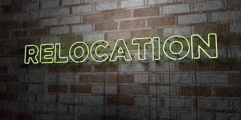 RELOCATION - Glowing Neon Sign on stonework wall - 3D rendered royalty free stock illustration.  Can be used for online banner ads and direct mailers..