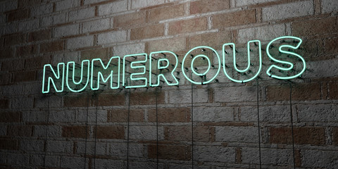 NUMEROUS - Glowing Neon Sign on stonework wall - 3D rendered royalty free stock illustration.  Can be used for online banner ads and direct mailers..