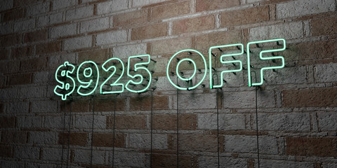 $925 OFF - Glowing Neon Sign on stonework wall - 3D rendered royalty free stock illustration.  Can be used for online banner ads and direct mailers..