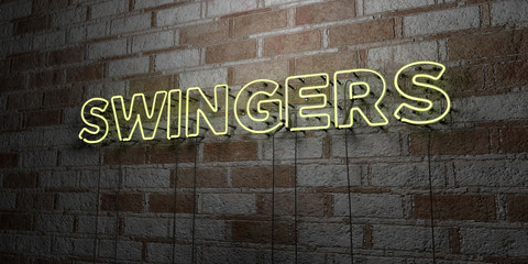 SWINGERS - Glowing Neon Sign on stonework wall - 3D rendered royalty free stock illustration.  Can be used for online banner ads and direct mailers..