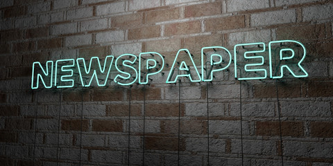 NEWSPAPER - Glowing Neon Sign on stonework wall - 3D rendered royalty free stock illustration.  Can be used for online banner ads and direct mailers..