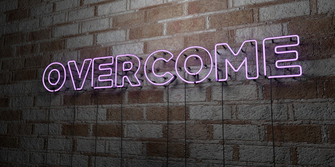 OVERCOME - Glowing Neon Sign on stonework wall - 3D rendered royalty free stock illustration.  Can be used for online banner ads and direct mailers..
