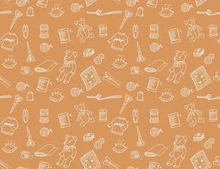 手芸用品のパターン（背景茶色）