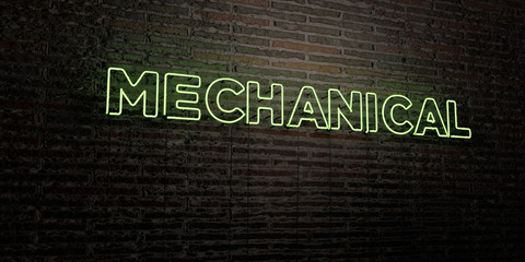 MECHANICAL -Realistic Neon Sign on Brick Wall background - 3D rendered royalty free stock image. Can be used for online banner ads and direct mailers..