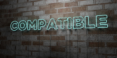 COMPATIBLE - Glowing Neon Sign on stonework wall - 3D rendered royalty free stock illustration.  Can be used for online banner ads and direct mailers..