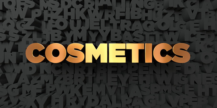 Cosmetics - Gold text on black background - 3D rendered royalty free stock picture. This image can be used for an online website banner ad or a print postcard.