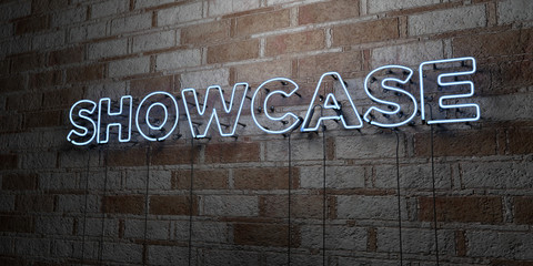 SHOWCASE - Glowing Neon Sign on stonework wall - 3D rendered royalty free stock illustration.  Can be used for online banner ads and direct mailers..