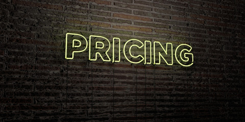 PRICING -Realistic Neon Sign on Brick Wall background - 3D rendered royalty free stock image. Can be used for online banner ads and direct mailers..