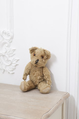 Retro Teddy Bear toy alone on white cupboard