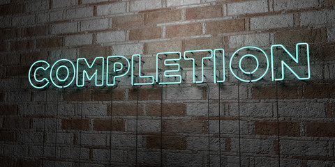COMPLETION - Glowing Neon Sign on stonework wall - 3D rendered royalty free stock illustration.  Can be used for online banner ads and direct mailers..