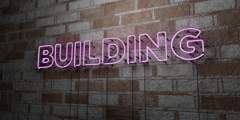 BUILDING - Glowing Neon Sign on stonework wall - 3D rendered royalty free stock illustration.  Can be used for online banner ads and direct mailers..