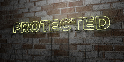 PROTECTED - Glowing Neon Sign on stonework wall - 3D rendered royalty free stock illustration.  Can be used for online banner ads and direct mailers..