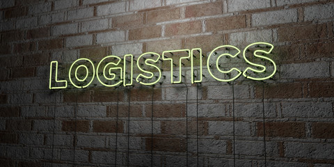 LOGISTICS - Glowing Neon Sign on stonework wall - 3D rendered royalty free stock illustration.  Can be used for online banner ads and direct mailers..