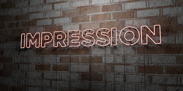 IMPRESSION - Glowing Neon Sign on stonework wall - 3D rendered royalty free stock illustration.  Can be used for online banner ads and direct mailers..