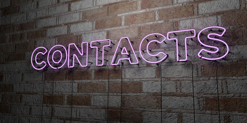 CONTACTS - Glowing Neon Sign on stonework wall - 3D rendered royalty free stock illustration.  Can be used for online banner ads and direct mailers..