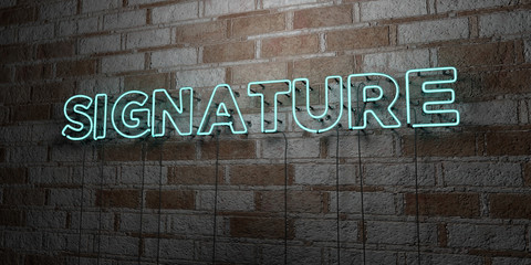 SIGNATURE - Glowing Neon Sign on stonework wall - 3D rendered royalty free stock illustration.  Can be used for online banner ads and direct mailers..