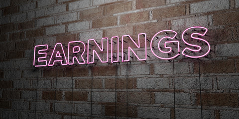 EARNINGS - Glowing Neon Sign on stonework wall - 3D rendered royalty free stock illustration.  Can be used for online banner ads and direct mailers..