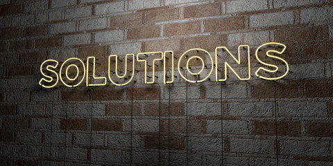 SOLUTIONS - Glowing Neon Sign on stonework wall - 3D rendered royalty free stock illustration.  Can be used for online banner ads and direct mailers..