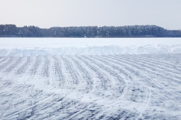 Skating rink on the ice of the frozen lake