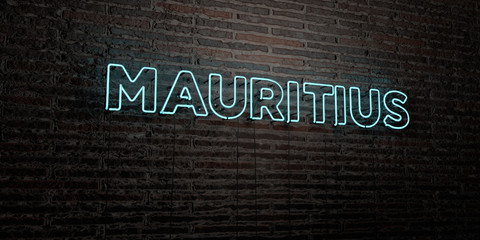 MAURITIUS -Realistic Neon Sign on Brick Wall background - 3D rendered royalty free stock image. Can be used for online banner ads and direct mailers..