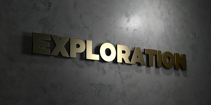 Exploration - Gold text on black background - 3D rendered royalty free stock picture. This image can be used for an online website banner ad or a print postcard.