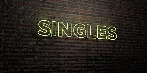 SINGLES -Realistic Neon Sign on Brick Wall background - 3D rendered royalty free stock image. Can be used for online banner ads and direct mailers..