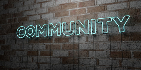 COMMUNITY - Glowing Neon Sign on stonework wall - 3D rendered royalty free stock illustration.  Can be used for online banner ads and direct mailers..