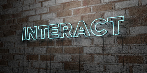 Fototapeta na wymiar INTERACT - Glowing Neon Sign on stonework wall - 3D rendered royalty free stock illustration. Can be used for online banner ads and direct mailers..
