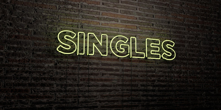 SINGLES -Realistic Neon Sign on Brick Wall background - 3D rendered royalty free stock image. Can be used for online banner ads and direct mailers..