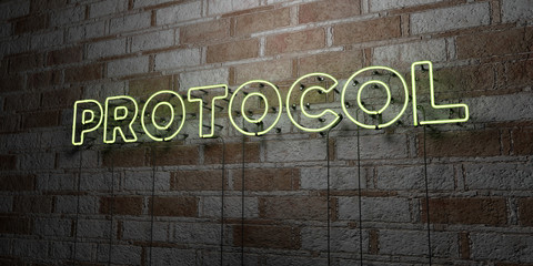 PROTOCOL - Glowing Neon Sign on stonework wall - 3D rendered royalty free stock illustration.  Can be used for online banner ads and direct mailers..