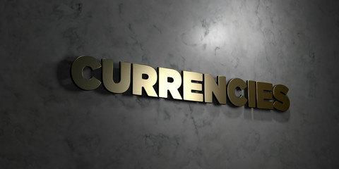 Currencies - Gold text on black background - 3D rendered royalty free stock picture. This image can be used for an online website banner ad or a print postcard.
