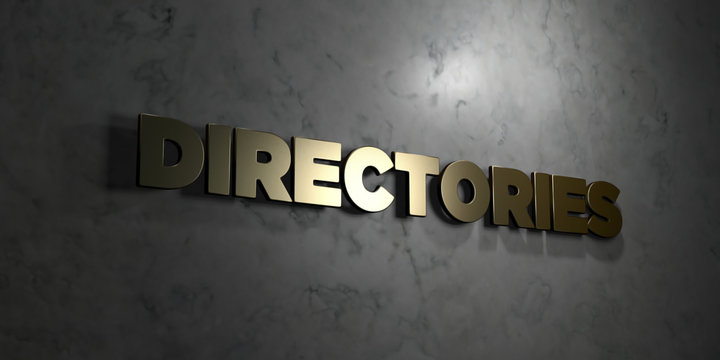 Directories - Gold text on black background - 3D rendered royalty free stock picture. This image can be used for an online website banner ad or a print postcard.
