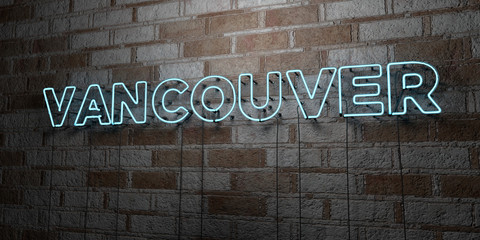VANCOUVER - Glowing Neon Sign on stonework wall - 3D rendered royalty free stock illustration.  Can be used for online banner ads and direct mailers..