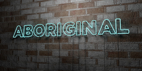 ABORIGINAL - Glowing Neon Sign on stonework wall - 3D rendered royalty free stock illustration.  Can be used for online banner ads and direct mailers..