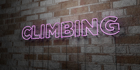 CLIMBING - Glowing Neon Sign on stonework wall - 3D rendered royalty free stock illustration.  Can be used for online banner ads and direct mailers..