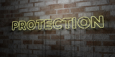 PROTECTION - Glowing Neon Sign on stonework wall - 3D rendered royalty free stock illustration.  Can be used for online banner ads and direct mailers..