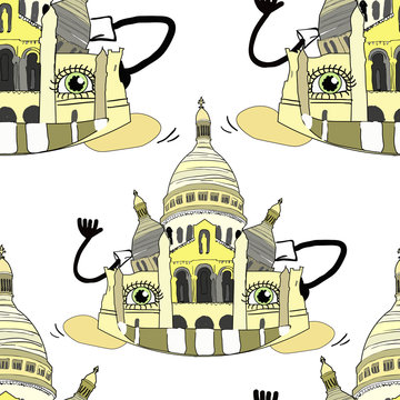 seamless pattern Sacr&eacute;-Coeur Basilica illustration in ca