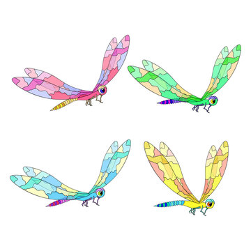 set of cute a dragonfly flies.  illustration