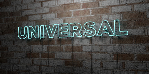 UNIVERSAL - Glowing Neon Sign on stonework wall - 3D rendered royalty free stock illustration.  Can be used for online banner ads and direct mailers..