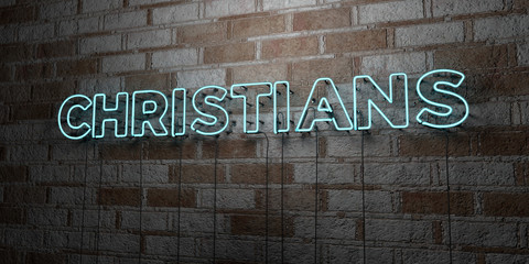 CHRISTIANS - Glowing Neon Sign on stonework wall - 3D rendered royalty free stock illustration.  Can be used for online banner ads and direct mailers..